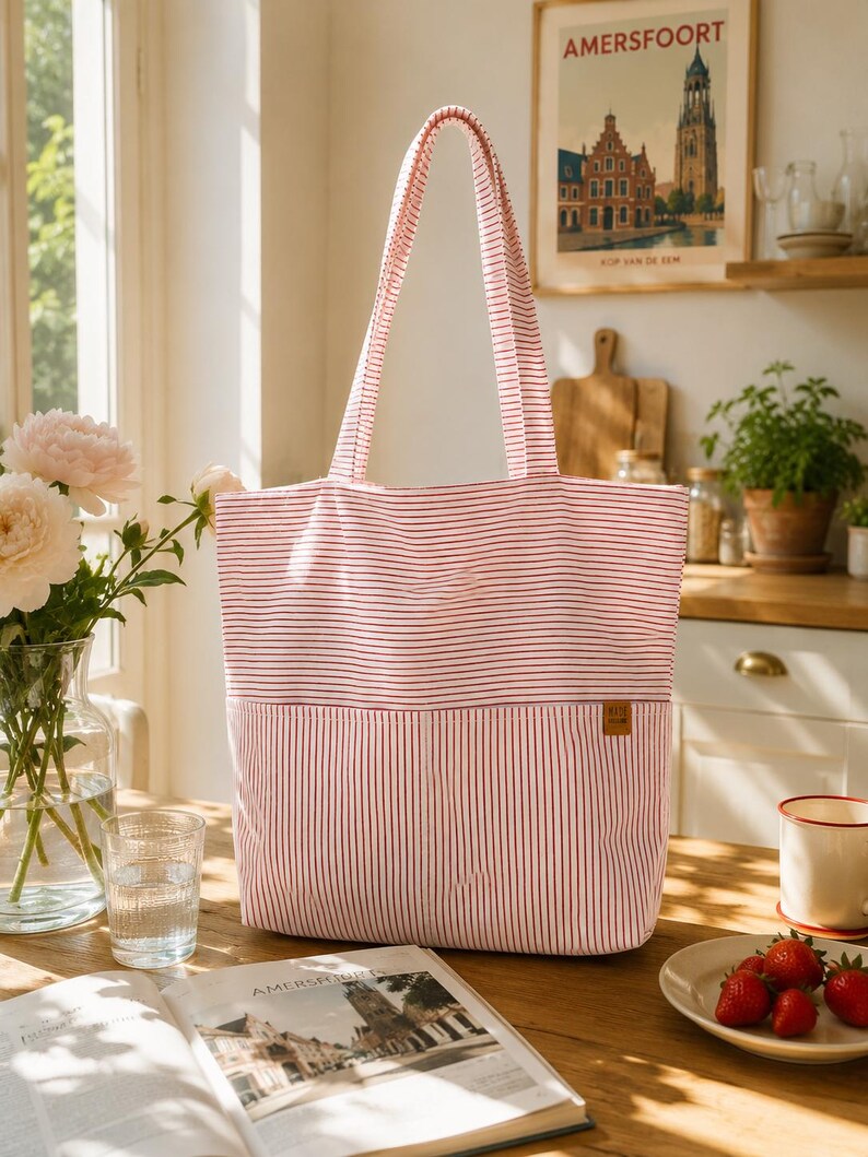 May include: A rectangular tote bag featuring a pattern of thin red horizontal stripes on the upper section and vertical red stripes on the lower section. The bag includes two long shoulder straps and a small brown rectangular label on the front.