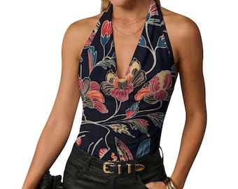 Top halter floral / Estampado textil japonés / Top halter botánico del siglo XIX / Top de arte para vestir / Top floral oscuro para salir