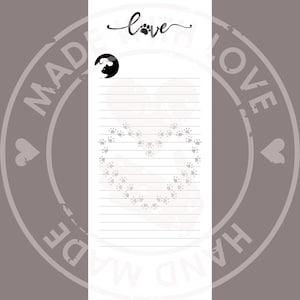 Bloc de notas imprimible para amantes de las mascotas, papelería para amantes de perros y gatos, bloc de notas con forma de corazón y huella de pata, página de notas para amantes de los animales, descarga digital.