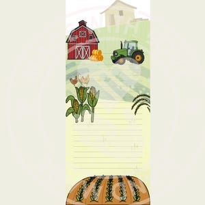 May include: A vertical stationery sheet featuring a farm theme with a red barn, a green tractor, hay bales, chickens, and corn stalks. The background includes a light green field, a house, and horizontal lines for writing, with a pumpkin at the bottom.