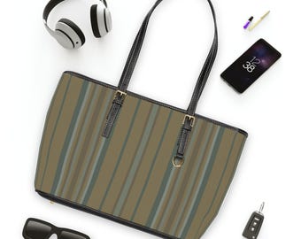 Erdfarbene Streifen Ledertasche | Olivbraune Tote