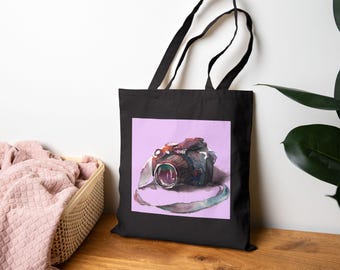 Vintage Camera Tote Bag | Watercolor Camera Art, Pink Background