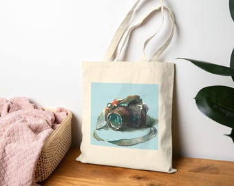 Vintage Camera Illustration Tote Bag | Photographer Artwork, Canvas Carryall