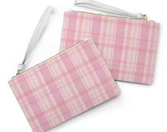 Pastell Rosa Karierte Saffiano PU-Leder Clutch Bag | Rose Tartan Handgelenk Tasche