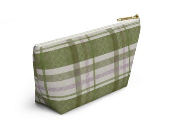 Olive Lavender Plaid T-Bottom Pouch | Cottage-core Cosmetic Bag | Makeup bag