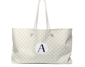 Custom Polka Dot Tote Bag | Beige White Dots, Initial Tote