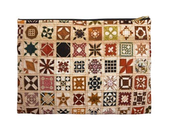 Vintage quiltpatroon zakje met rits | Accessoiretas met patchwork herfsttinten