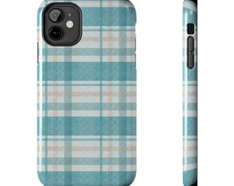 Blauwgroen geruit telefoonhoesje | Beschermende glanzende truitextuur (draadloos opladen)