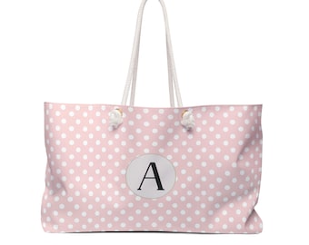 Polka Dot Initial A Weekender Bag | Rosa weiße Monogramm Tasche
