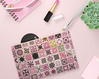 Patchwork Quilt Pattern Clutch Bag | Pink Vintage Tile Mosaic