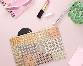 Neutral Patchwork Geo Pattern Clutch Bag | Retro Tile Motif, Beige Orange