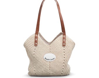 Beach Lover Straw Shoulder Bag | Crochet Tote, Leather Handles