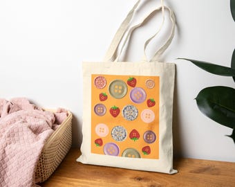 Strawberry Donut Pattern Tote Bag | Colorful Pastry Buttons Print