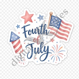 Peut inclure: Un autocollant avec le texte Fourth of July en écriture bleue. Le design comprend un drapeau américain style aquarelle sur un mât, un feu d'artifice rayé rouge et blanc avec un sommet bleu étoilé, des étoiles rouges et bleues et des éclats.