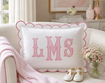 Personalized Monogram Pillow Cover: Scalloped Embroidered Cushion, Custom Initial Pillow Case, Grandmillennial Decor, Nursery Name Pillow