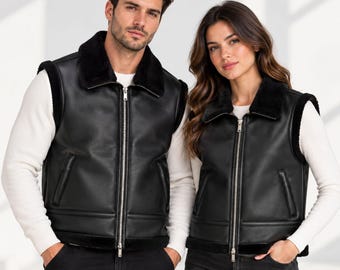 Handmade Black Shearling Cowboy Leather Vest | Vintage Western Sleeveless Faux Fur Lined Winter Waistcoat