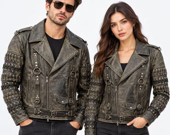 Handmade Distressed Grey Punk Leather Jacket | Gothic Metal Chain Biker Studded Outerwear