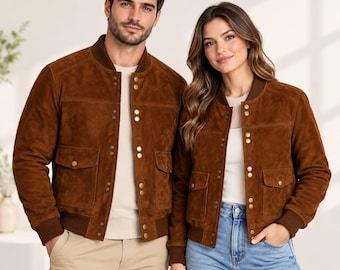 Handmade Cognac Brown Suede Leather Jacket | Vintage Bomber Cargo Flight Outerwear Coat