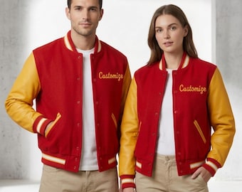 Handmade Red & Yellow Wool Varsity Jacket  | Vintage Letterman Custom Logo Baseball Outfit