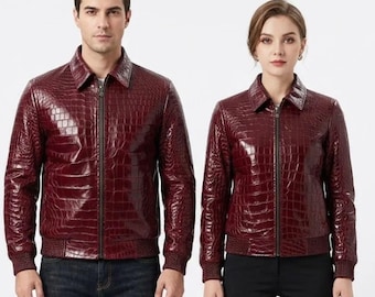 Handmade Burgundy Crocodile Embossed Jacket | Vintage Exotic Leather Biker Designer Outerwear