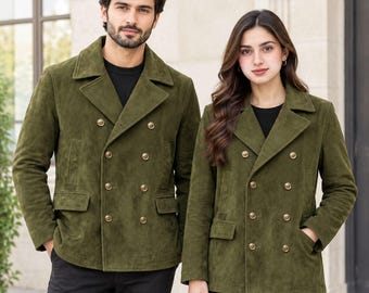 Handmade Olive Green Suede Leather Peacoat | Vintage Double Breasted Formal Blazer Jacket