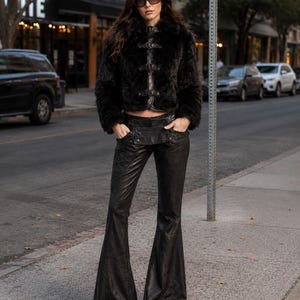 Women's Gothic Leather Flared Pants Bell Bottom Trousers High Waist Wide Leg Black Fashion Pants