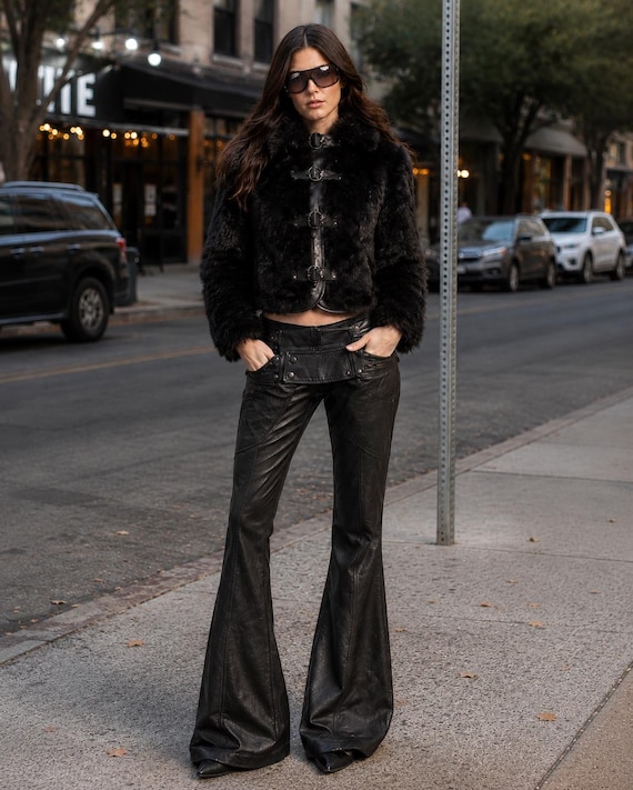 Women's Gothic Leather Flared Pants | Y2K Bell Bottom Trousers | High Waist Wide Leg Black Fashion Pants