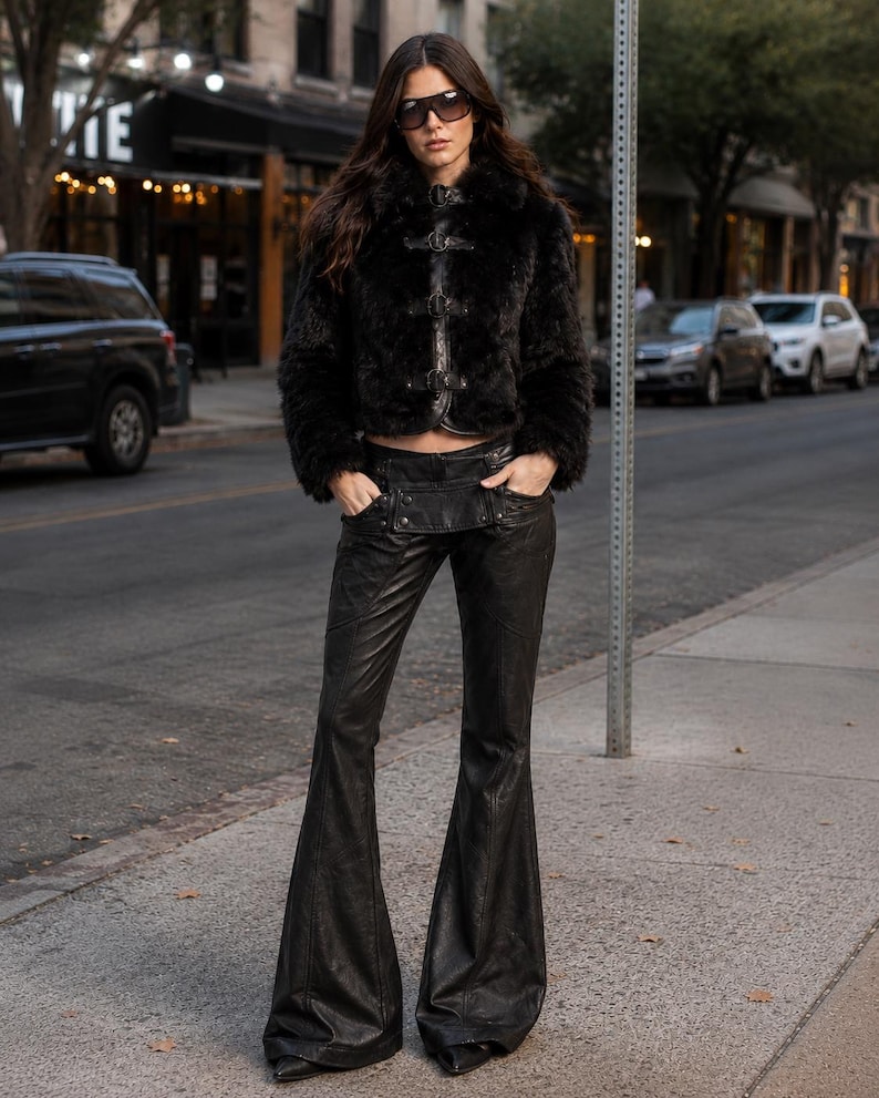Women's Gothic Leather Flared Pants Bell Bottom Trousers High Waist Wide Leg Black Fashion Pants