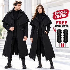 May include: A long black coat with a wide cape-style collar, button front, and a jagged, distressed hemline. The coat is worn over a black turtleneck and black trousers, paired with black lace-up boots. Text reads SPECIAL OFFER FREE HAND CUFFS.