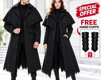 Handmade Black Gothic Longline Duster Coat | Unisex Distressed Arm Bracers Cotton Outerwear