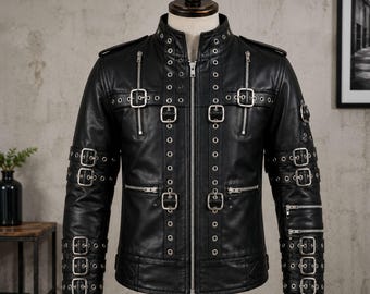 Handmade Black Gothic Multi Buckle Jacket | Unisex Tactical Leather Outerwear | Eyelet Strap Moto Coat