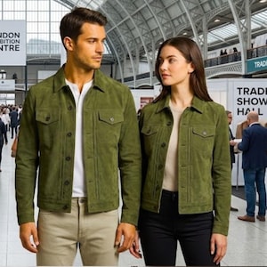 Chaqueta de cuero de gamuza verde oliva hecha a mano / Conjunto de estilo camionero utilitario vintage para hombre / Abrigo unisex de estilo western y vaquero