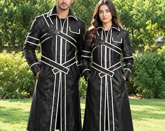 Handmade Gothic Black Leather Trench Coat | Vintage Contrast White Trim Full Length Outfit