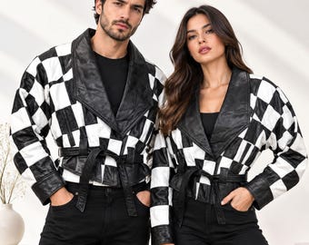 Handmade Checkerboard Tie Belt Leather Jacket | Vintage Two Tone Cropped Oversized Motorcycle Outfit