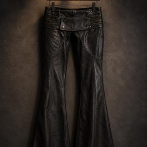 Women's Black Leather Flared Pants | Y2K Bell Bottom Leather Trousers | High Waist Wide Leg Goth Fashion Pants