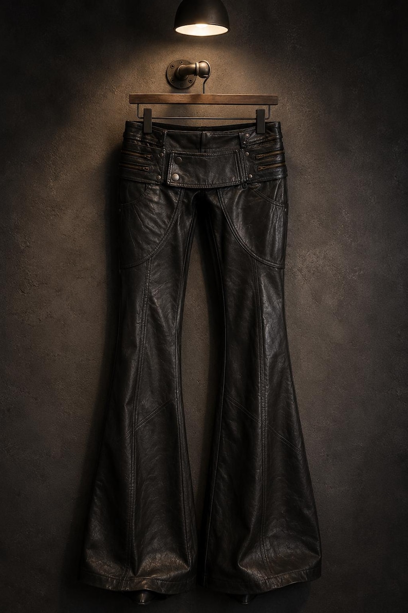 Women's Black Leather Flared Pants | Y2K Bell Bottom Leather Trousers | High Waist Wide Leg Goth Fashion Pants
