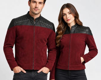 Handmade Burgundy & Black Suede Jacket | Vintage Cosplay Two Tone Biker Leather Coat