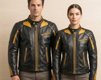 Handmade Black and Yellow Leather Jacket | Vintage Armor Padded Cafe Racer Biker Outerwear