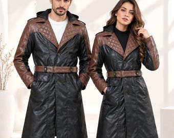 Handmade Brown Hooded Leather Trench Coat | Vintage Two-Tone Victorian Long Duster Outerwear