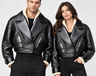 Handmade Luxury Cropped Black Leather Jacket | Unisex Aviator Shearling Textured Oversized Coat
