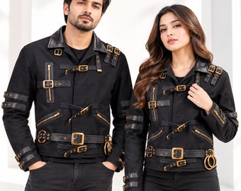 Handmade Black Cotton Multi Buckle Jacket | Retro Eyelet Strap Tactical Biker Outewear Coat
