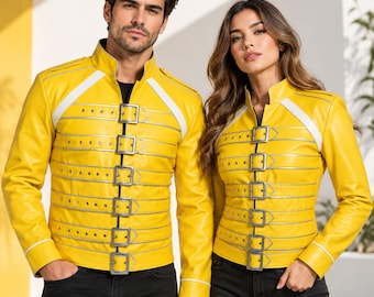 Handmade Yellow Leather Multi-Buckle Jacket | Retro White Striped Concert Biker Outerwear Coat