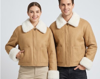 Handmade Tan Brown Cropped Leather Jacket | Vintage Shearling Faux Fur Warm Winter Coat