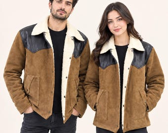 Handmade Tan Brown Suede Western Jacket | Vintage Sherpa Collar Yoke Cowboy Winter Casual Coat