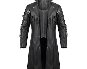 Gothic Steampunk Genuine Leather Coat - Handmade EMO Duster Black Costume Victorian Trench Jacket