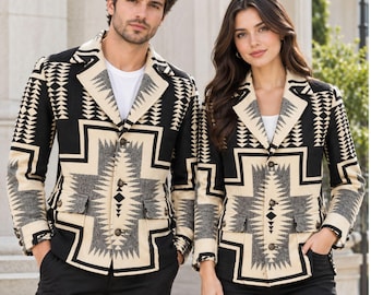 Handmade Western Geometric Wool Blazer | Unisex Aztec Pattern Tweed Fall Outerwear Coat
