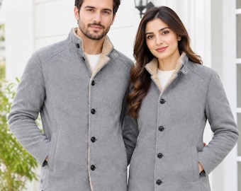 Handmade Light Grey Suede Leather Car Coat | Vintage Button-Up Stand Collar Warm  Winter Outerwear