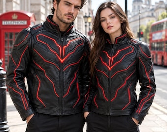 Handmade Black Armor Slim-Fit Cosplay Jacket | Red Vibrant Geometric Accents Tactical Biker Coat