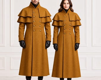 Handmade Mustard Wool Tiered Inverness Coat | Vintage Victorian Double Breasted Long Outerwear