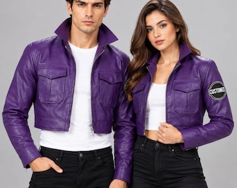 Handmade Purple Cropped Leather Jacket | Vintage Unisex Retro Flap Pocket Biker Outerwear Coat
